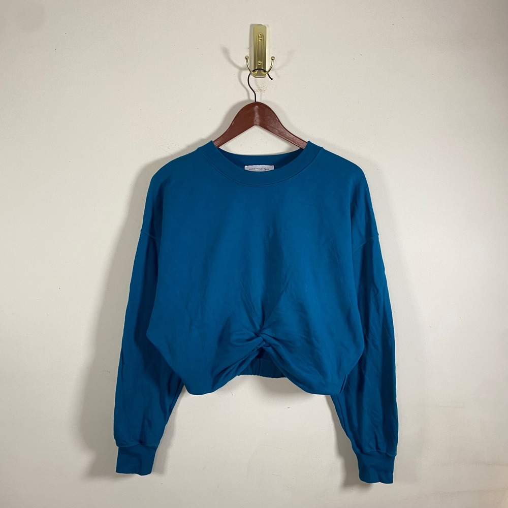 Something‎ Navy Cropped Quilted Crewneck Sweatshirt Cotton Sm Athleisure Knotted